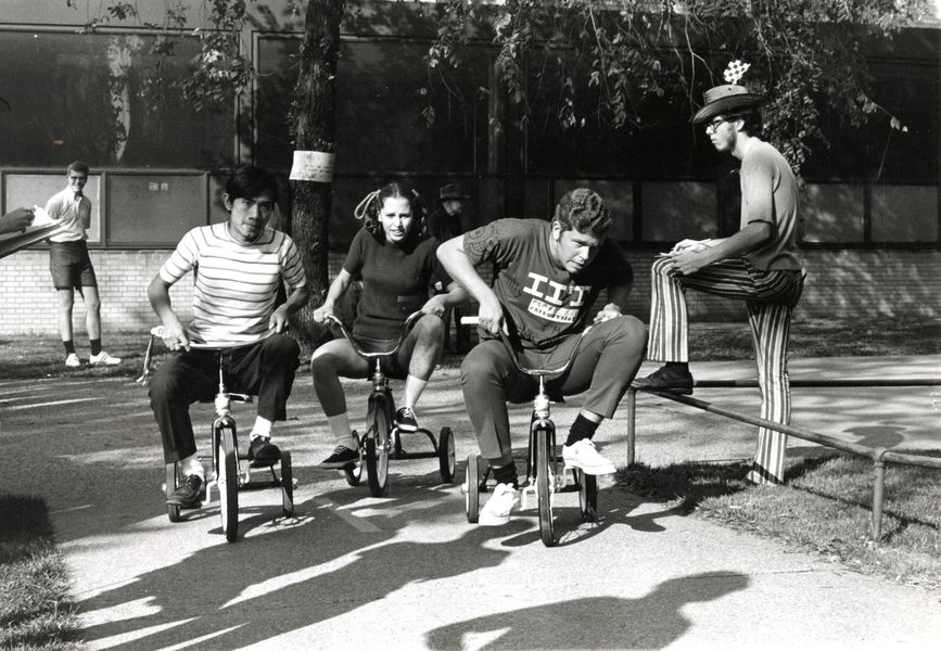 Spring Thing tricycle race, Illinois Institute of Technology, Chicago, Illinois, ca. 1968-1971